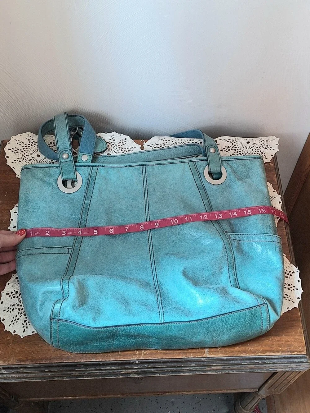 Fossil Hathaway Light Teal Leather Shoulder Tote Bag - Picture 11 of 13